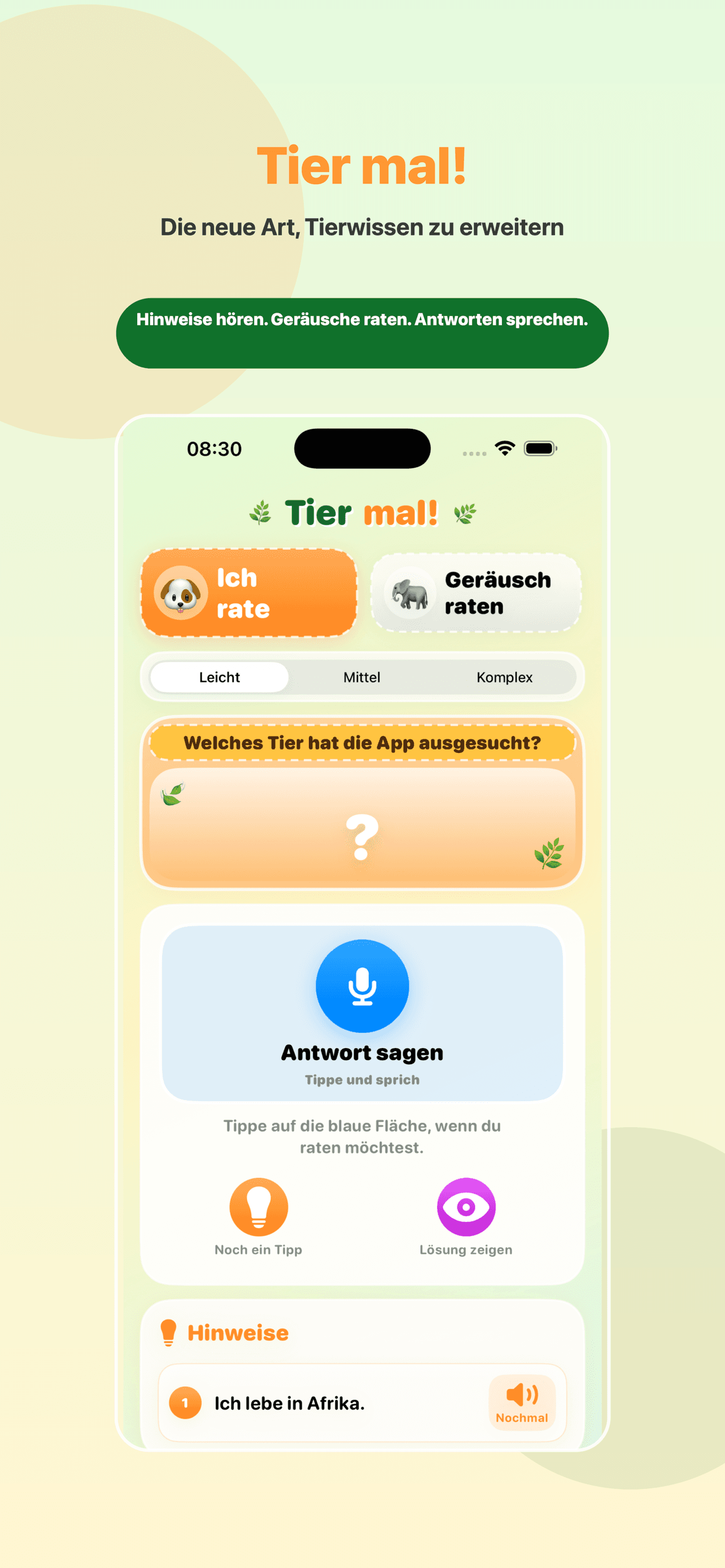 Tier mal App mit Ratebildschirm und Sprachantwort
