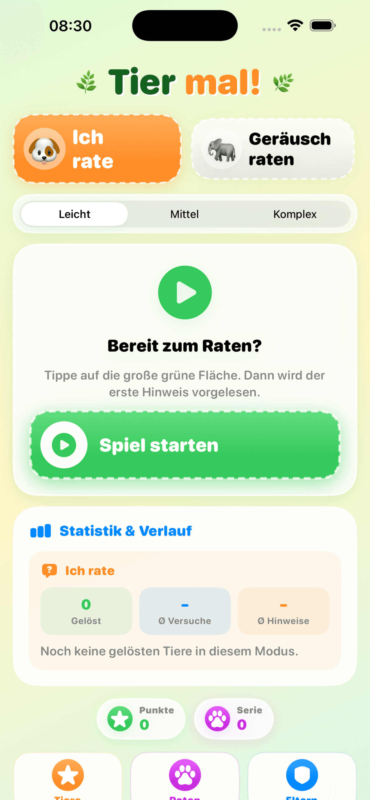 Startbildschirm mit gruenem Spiel starten Button